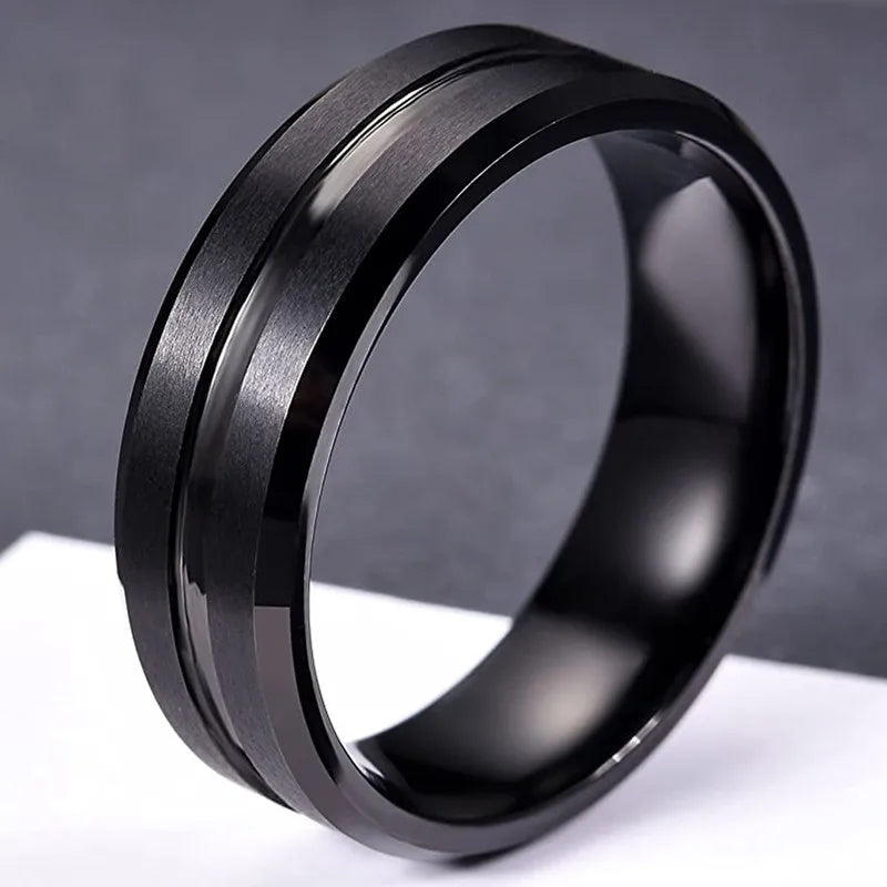 Anel de Tungstênio Preto 8mm com Ranhura Preta e Borda Chanfrada