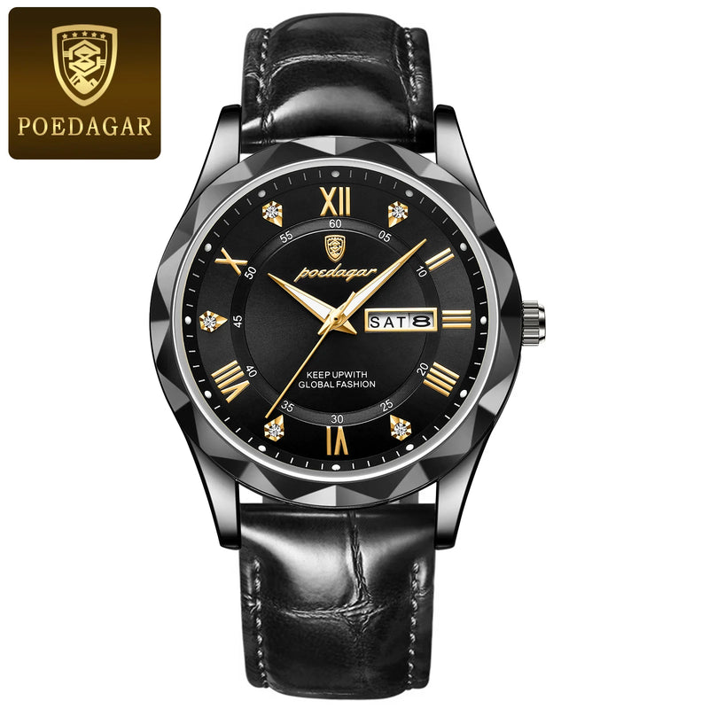 POEDAGAR Luxury Business Waterproof Men's Watch with Luminous Date and Week Display – Quartz Wristwatch with Leather Strap