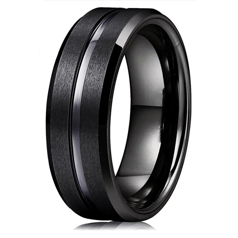 Anel de Tungstênio Preto 8mm com Ranhura Preta e Borda Chanfrada