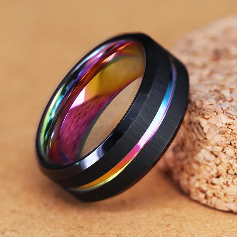 Anel de Tungstênio Preto 8mm com Ranhura Preta e Borda Chanfrada