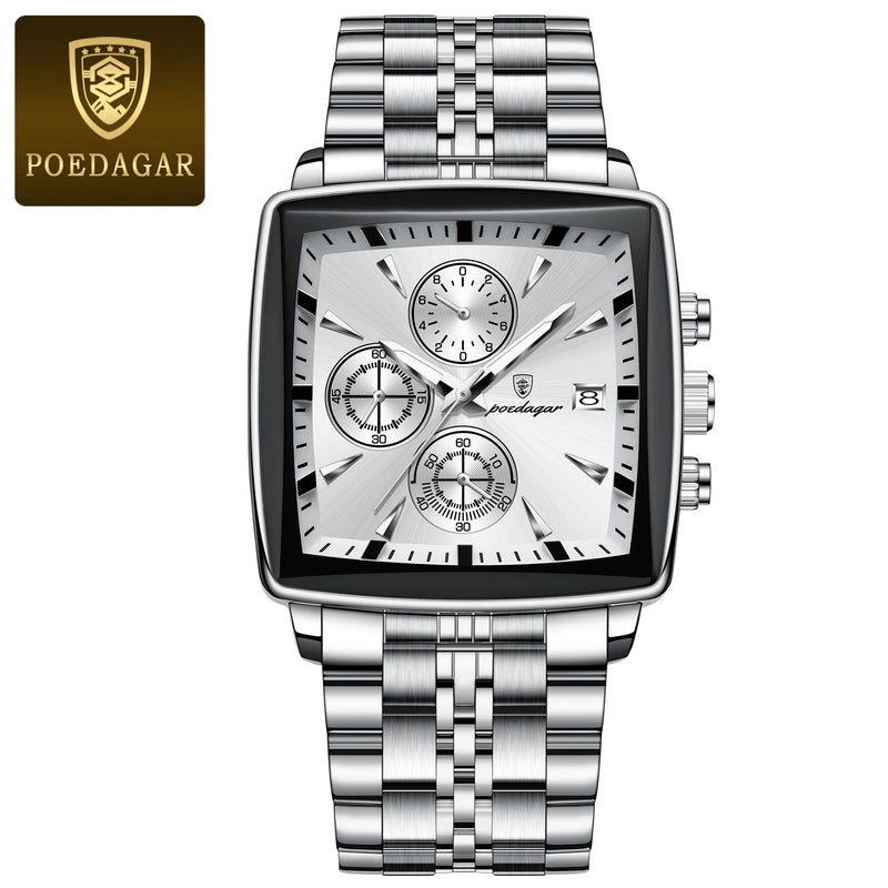 Relógio Masculino Fashion POEDAGAR com Luminância, à Prova d'Água, Cronógrafo, Data, Pulseira de Aço Inoxidável, Quartzo - Relógio Masculino