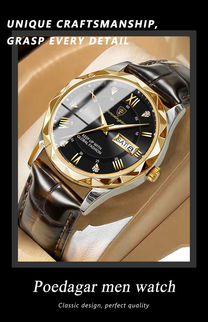 POEDAGAR Luxury Business Waterproof Men's Watch with Luminous Date and Week Display – Quartz Wristwatch with Leather Strap