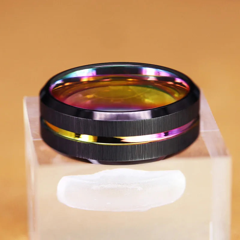 Anel de Tungstênio Preto 8mm com Ranhura Preta e Borda Chanfrada