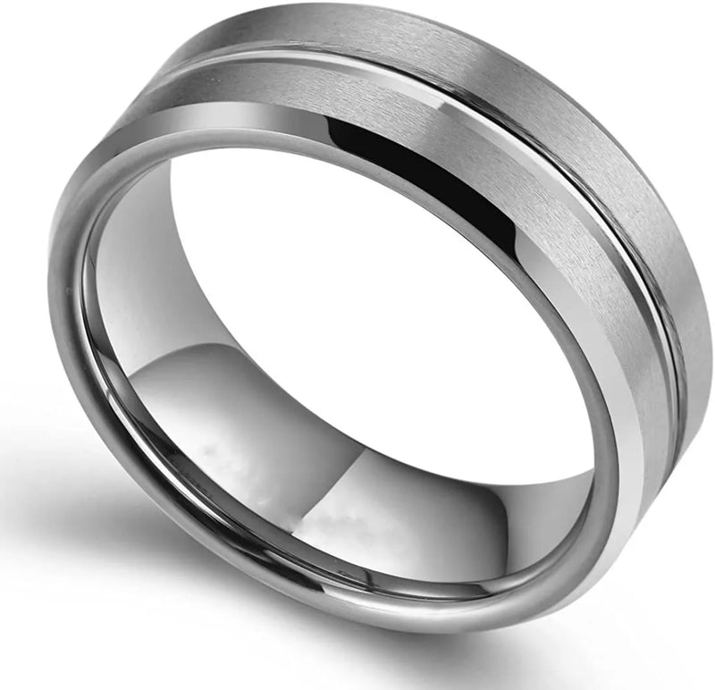 Anel de Tungstênio Preto 8mm com Ranhura Preta e Borda Chanfrada