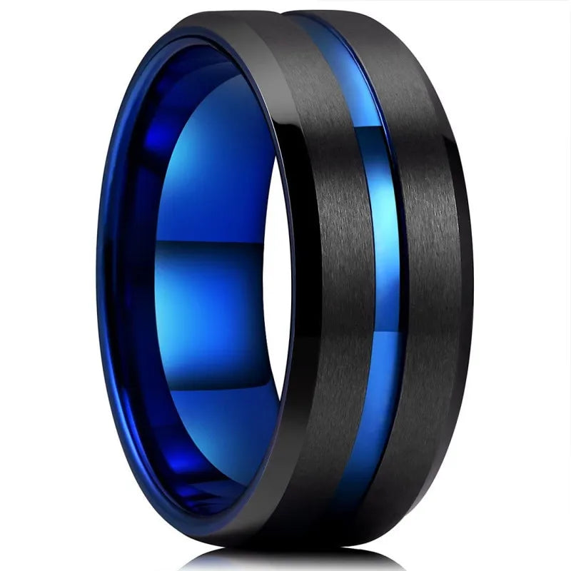 Anel de Tungstênio Preto 8mm com Ranhura Preta e Borda Chanfrada