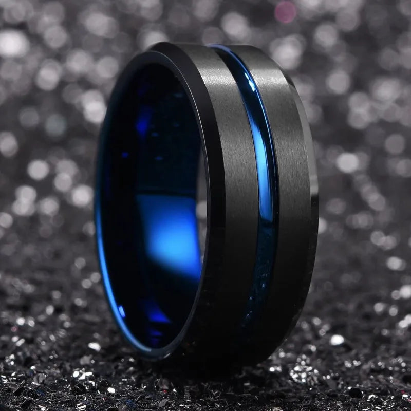 Anel de Tungstênio Preto 8mm com Ranhura Preta e Borda Chanfrada
